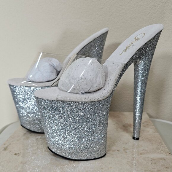 Pleaser Flamingo Clear and Silver Glitter High Heels Size 7 - Picture 1 of 5
